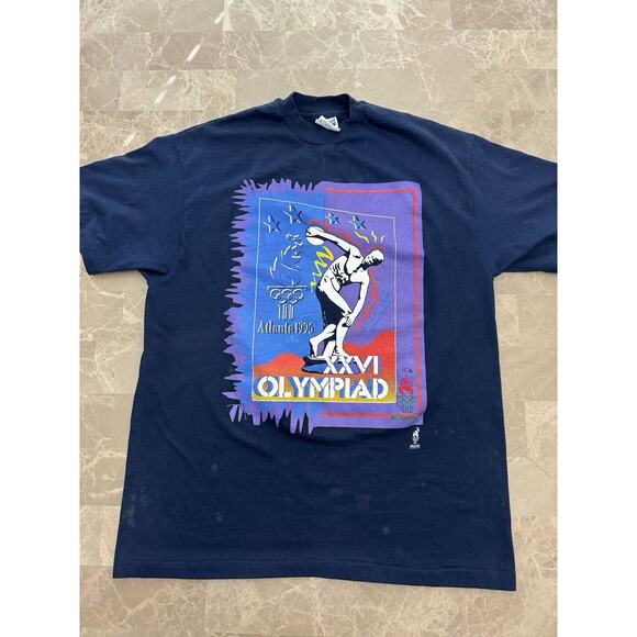 Atlanta Olympics 1996 Vintage Navy Blue T-Shirt Tee Size L Olympiad - Picture 1 of 11